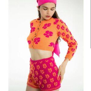 NWT Tach Vera Floral Knit Cardigan Button Front Size Small Orange Pink Y2K